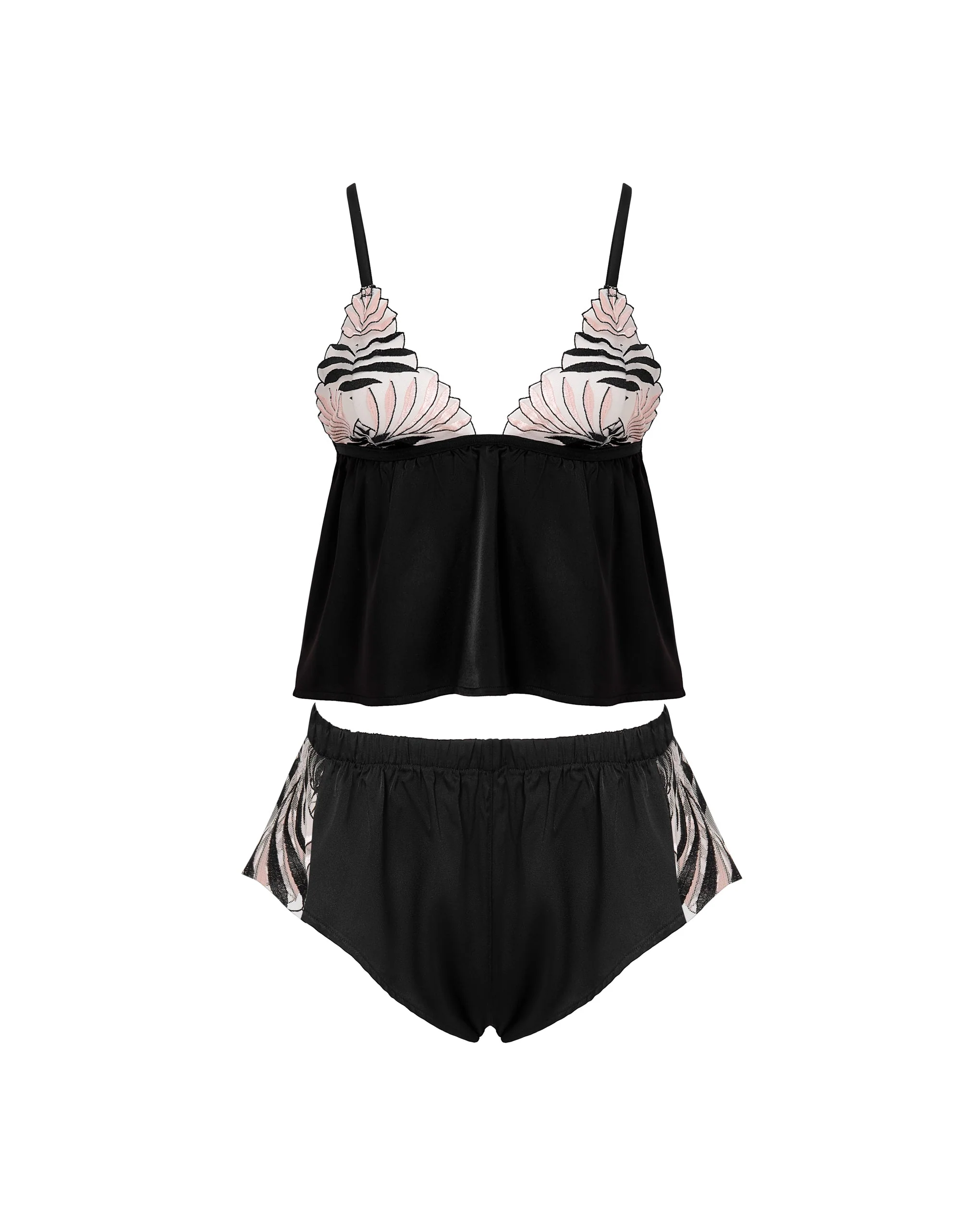 Katerine Luxury Satin Cami and Short Set Black/Pearl/Sheer - Image 5
