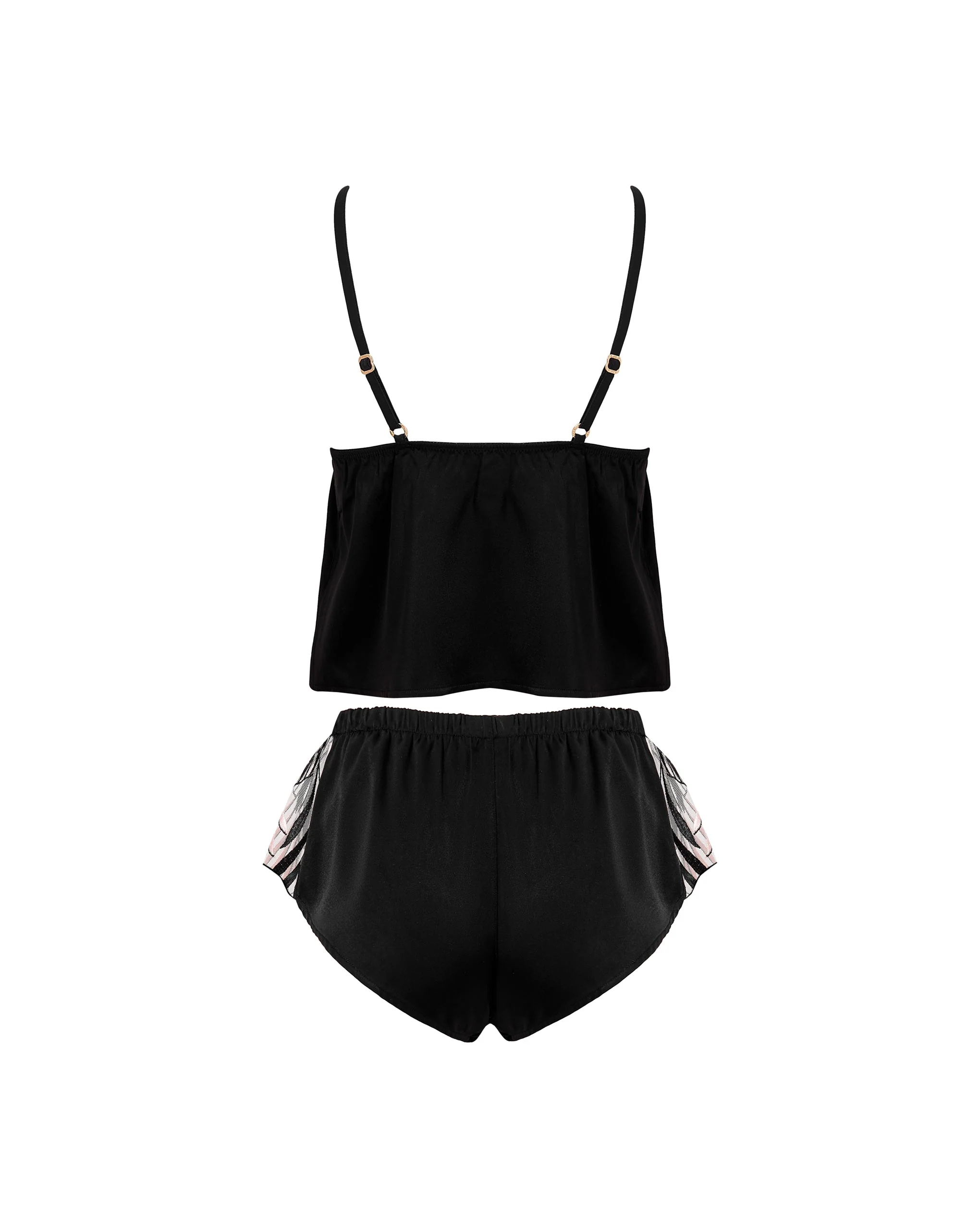 Katerine Luxury Satin Cami and Short Set Black/Pearl/Sheer - Image 6
