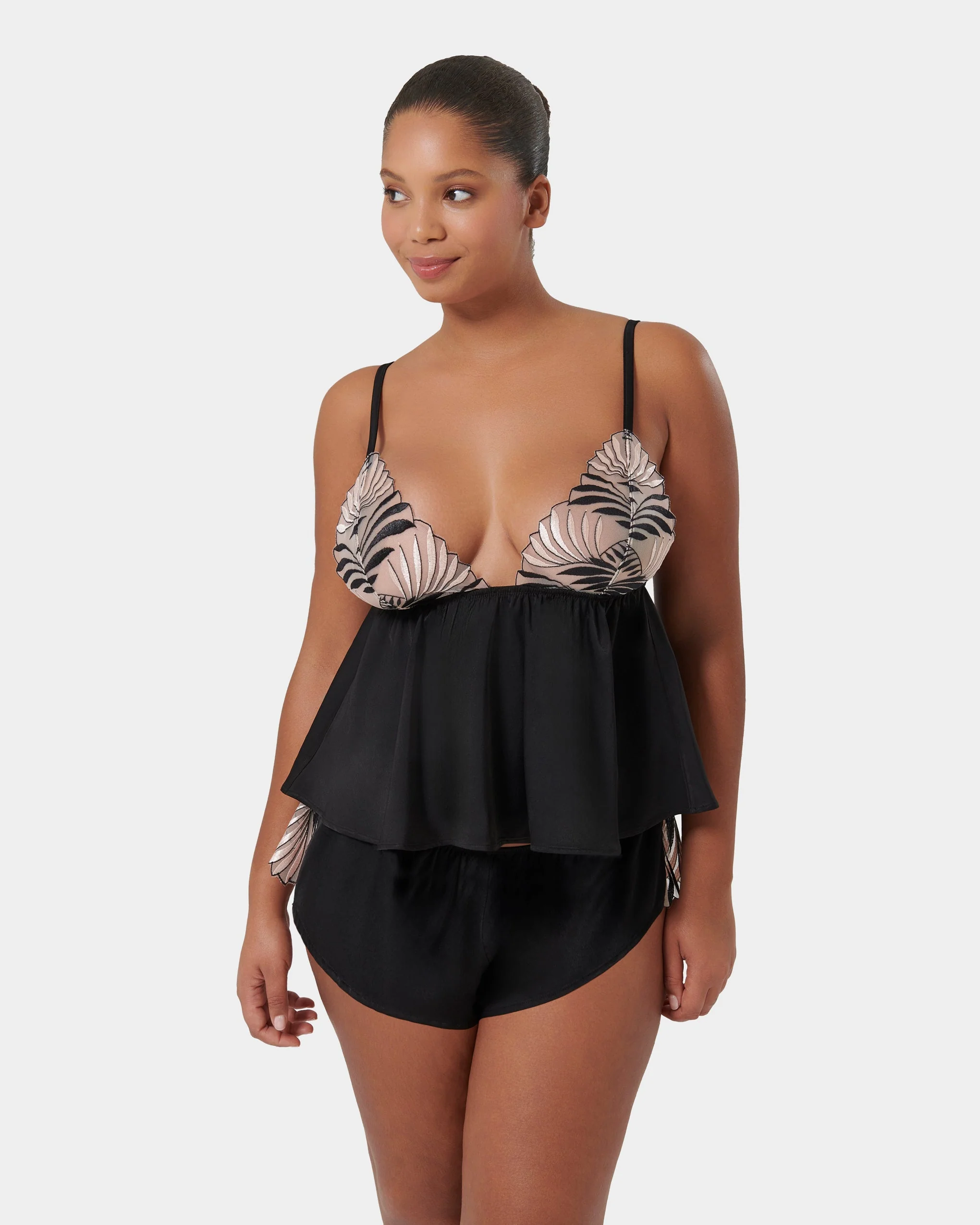 Katerine Luxury Satin Cami and Short Set Black/Pearl/Sheer - Image 8