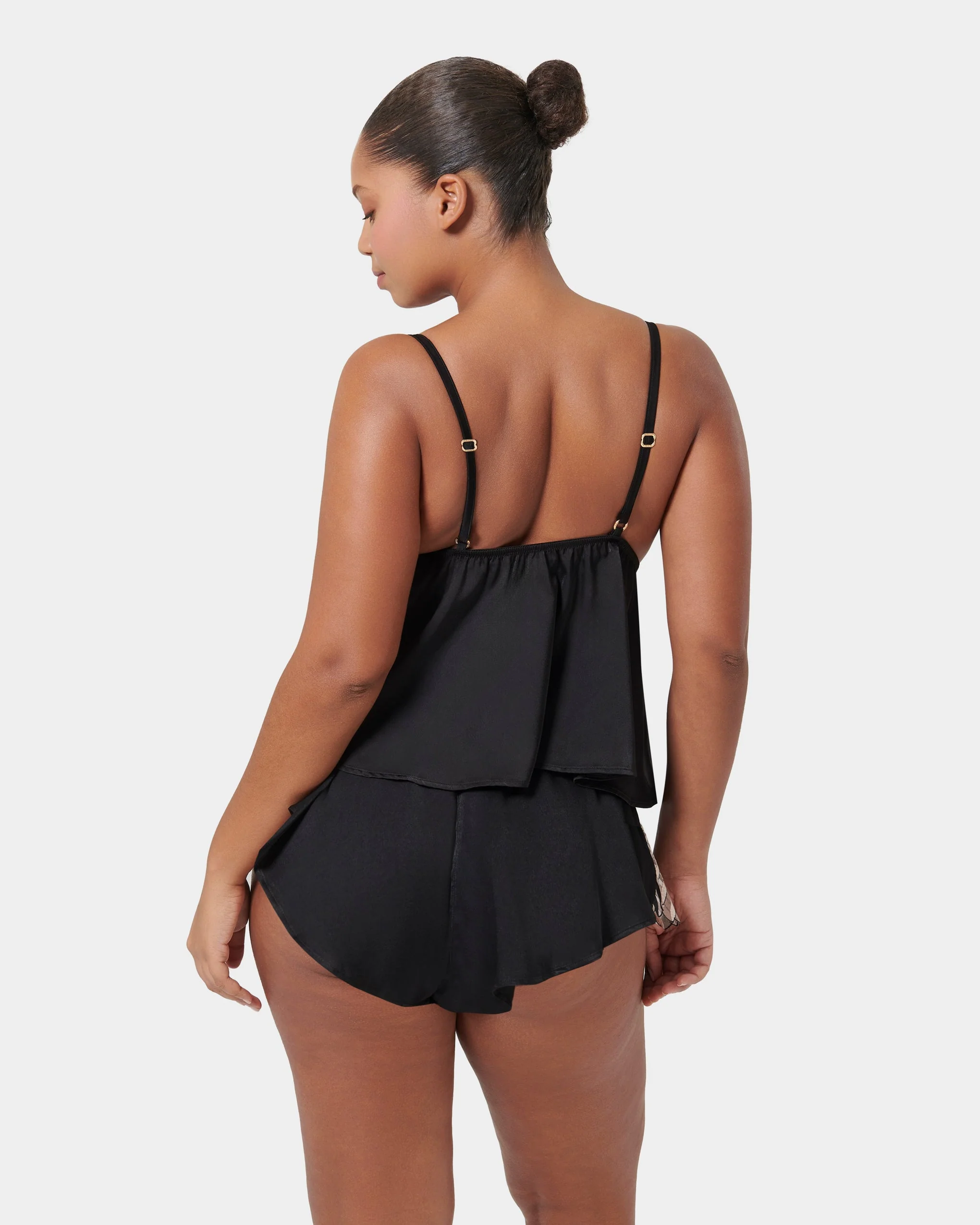 Katerine Luxury Satin Cami and Short Set Black/Pearl/Sheer - Image 9