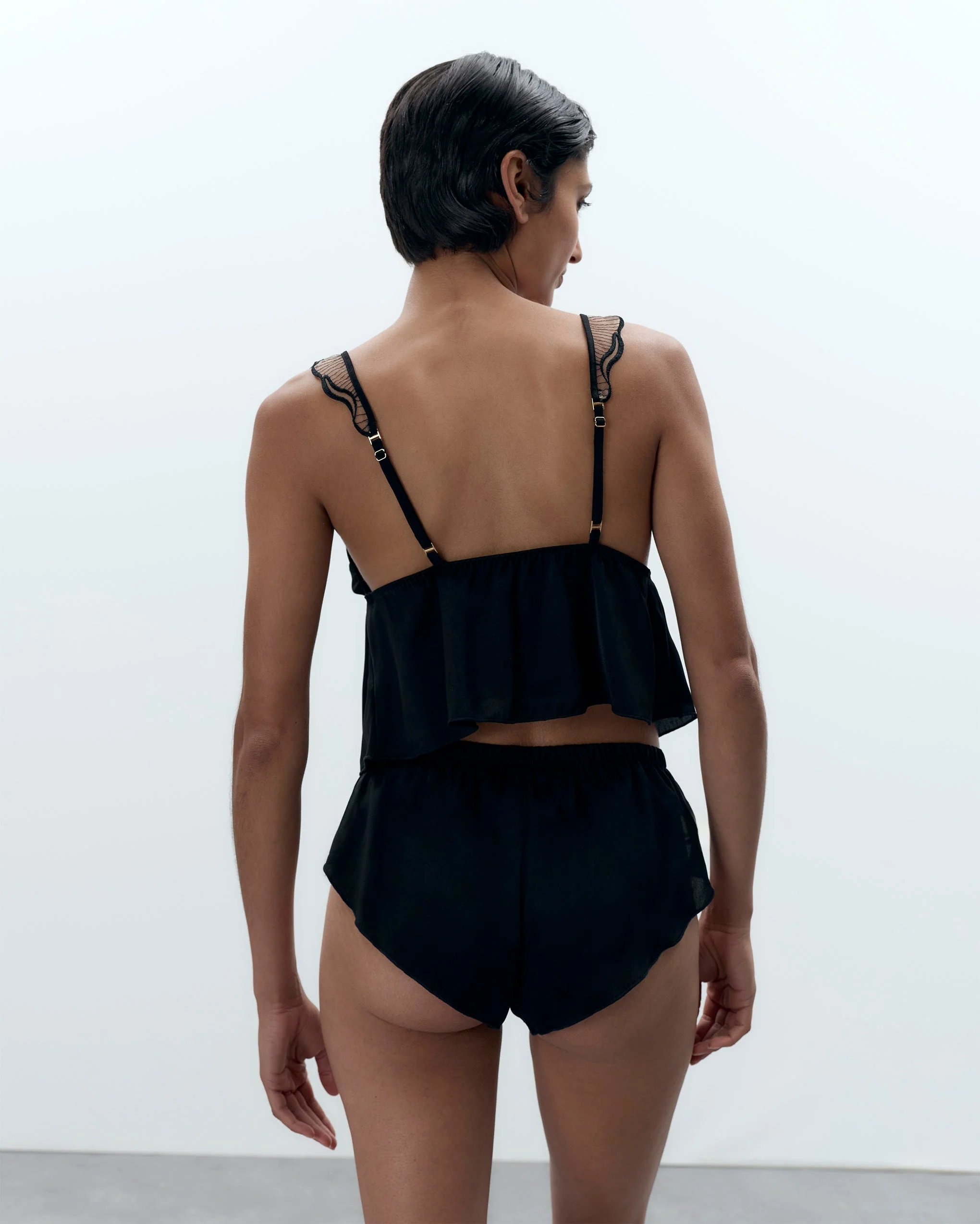 Marabel Luxury Satin Cami and Short Set Black/Sheer - Image 3