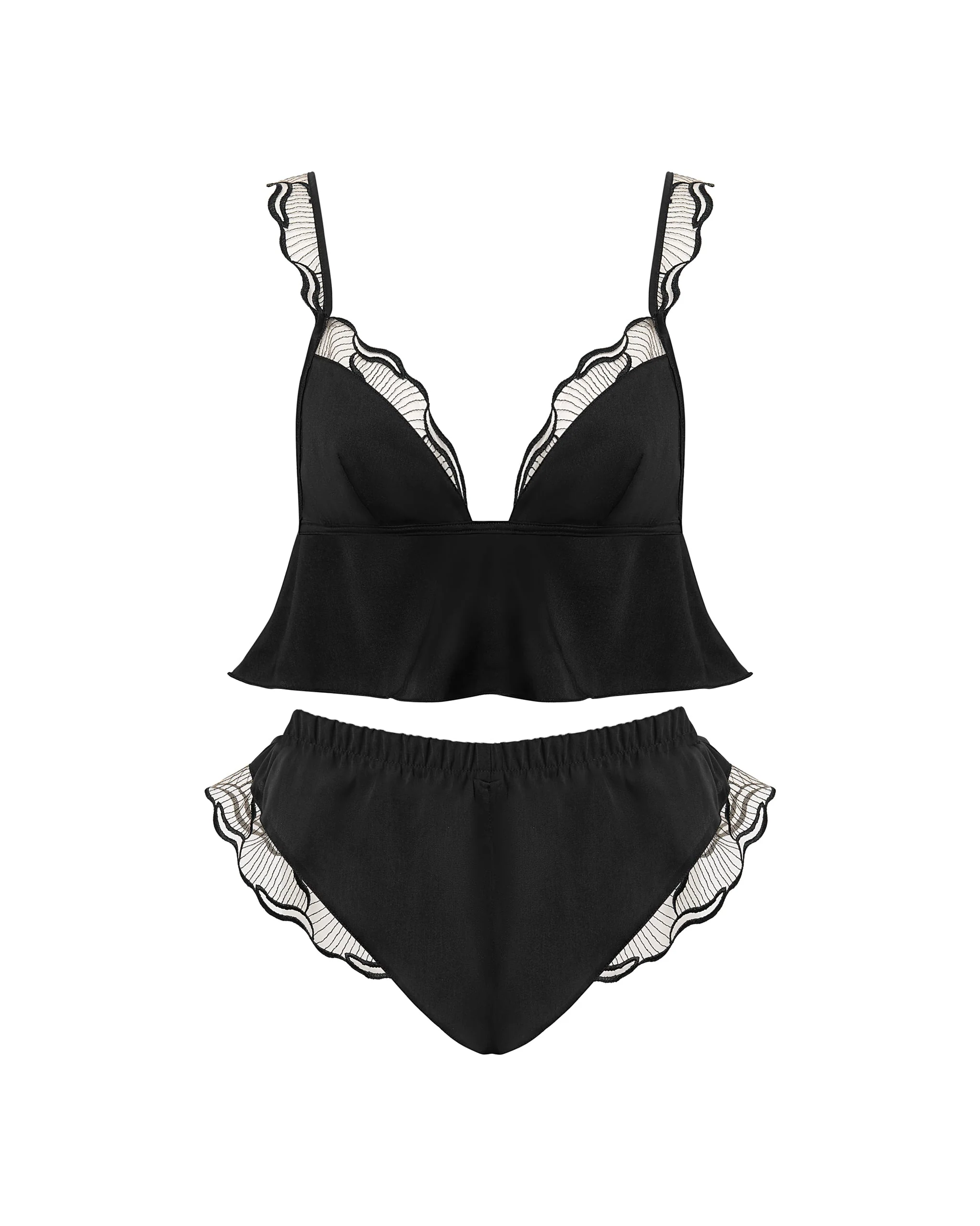 Marabel Luxury Satin Cami and Short Set Black/Sheer - Image 5