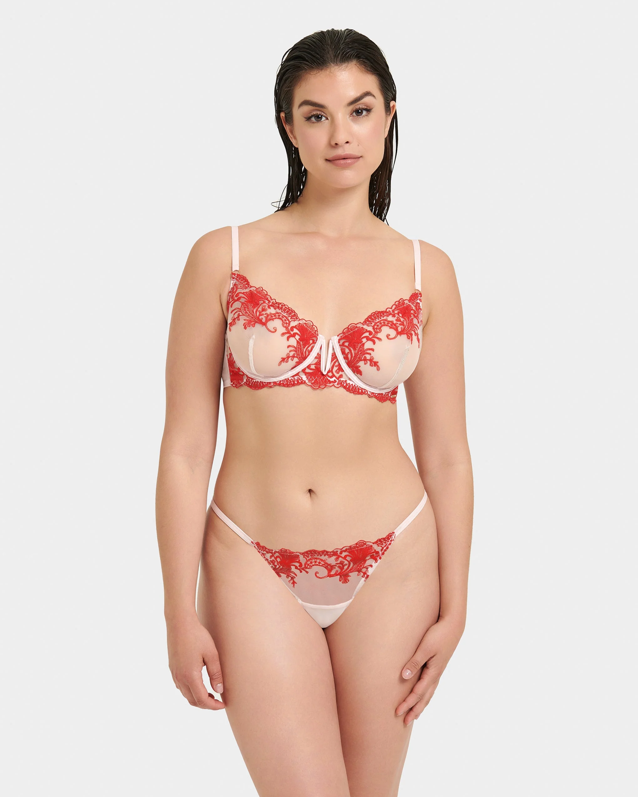 Marseille Embroidered Sheer Bra Red/Pink - Image 11